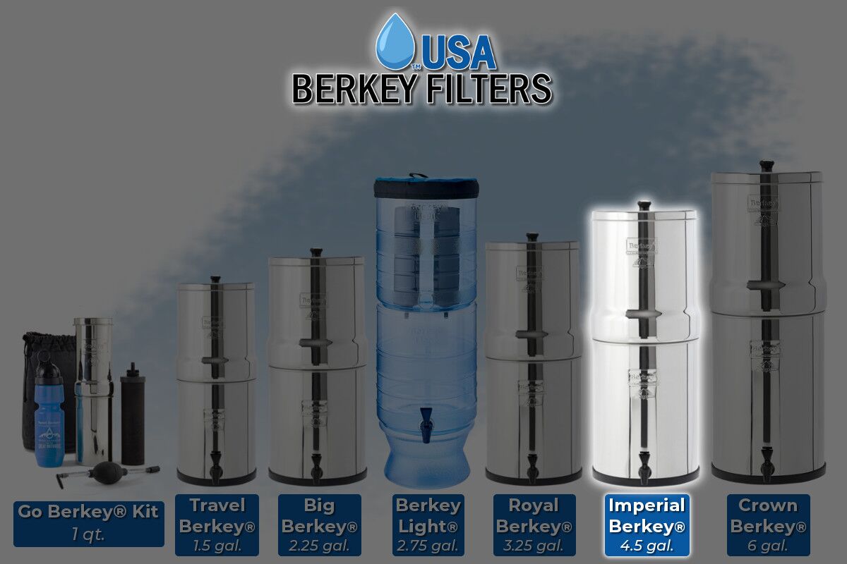 Imperial Berkey Water Filter Imperial Berkey shown among the full range of Berkey water filter sizes